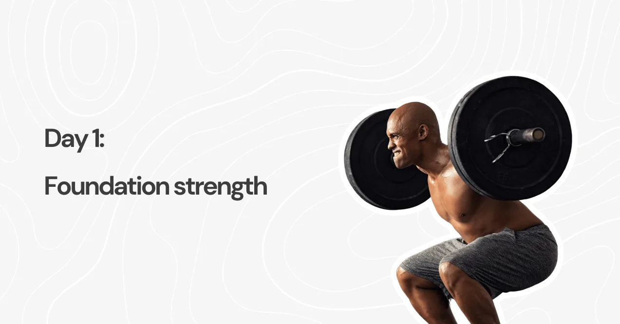 Man performing barbell squat for foundation strength - 5 day hybrid training program