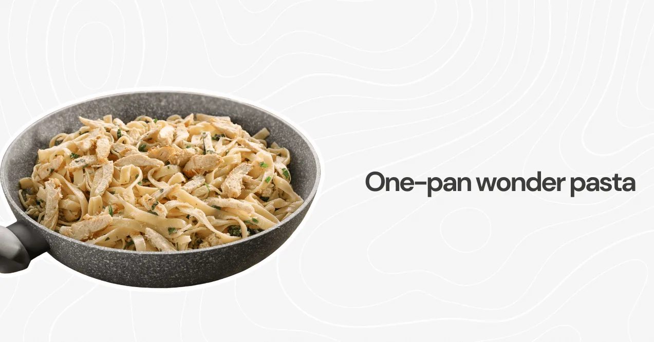 A skillet filled with protein-packed pasta and chicken, a simple and delicious one-pan meal.
