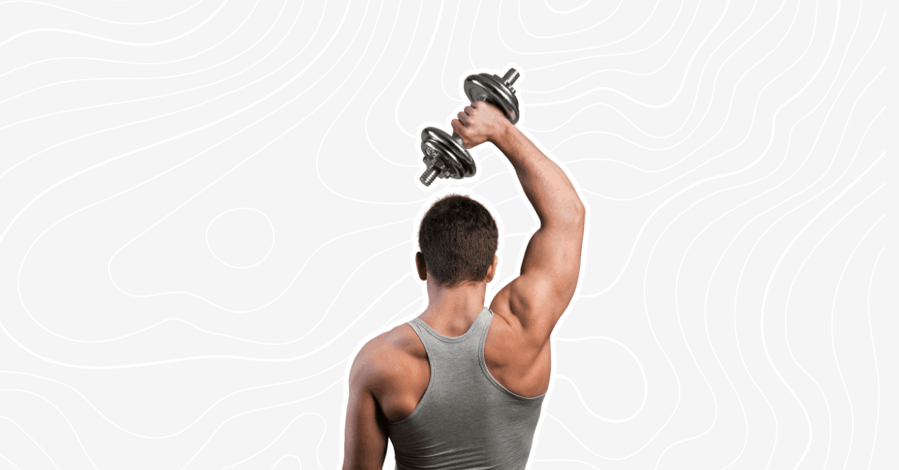 A man performing an overhead tricep extension with a dumbbell, engaging the triceps for strength and muscle growth.