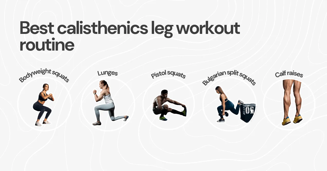 Graphic showing a calisthenics leg workout routine with illustrations of five exercises: bodyweight squats, lunges, pistol squats, Bulgarian split squats, and calf raises on a white background with curved line patterns.