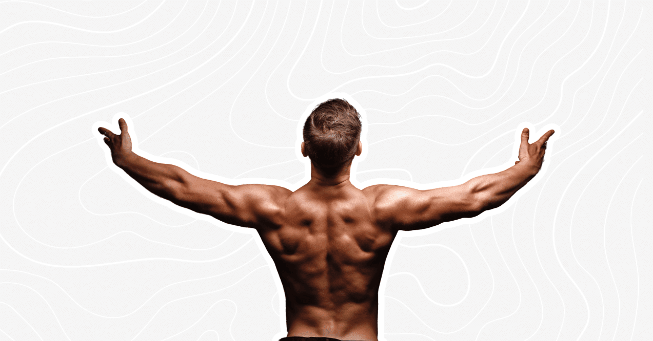 Man flexing his back muscles, showcasing defined upper body and back.