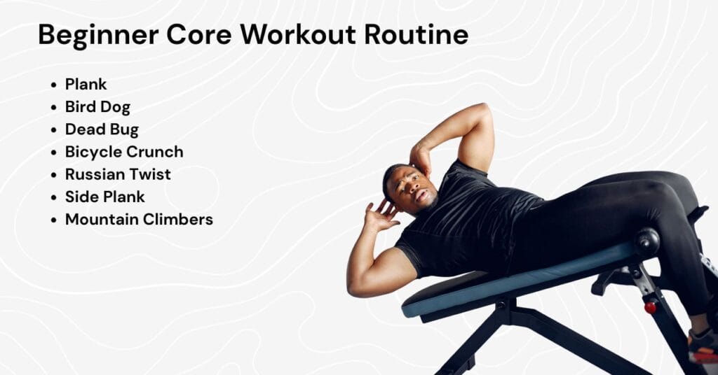 man performing a side crunch on a workout bench next to a list of beginner core exercises including plank, bird dog, dead bug, bicycle crunch, Russian twist, side plank, and mountain climbers.