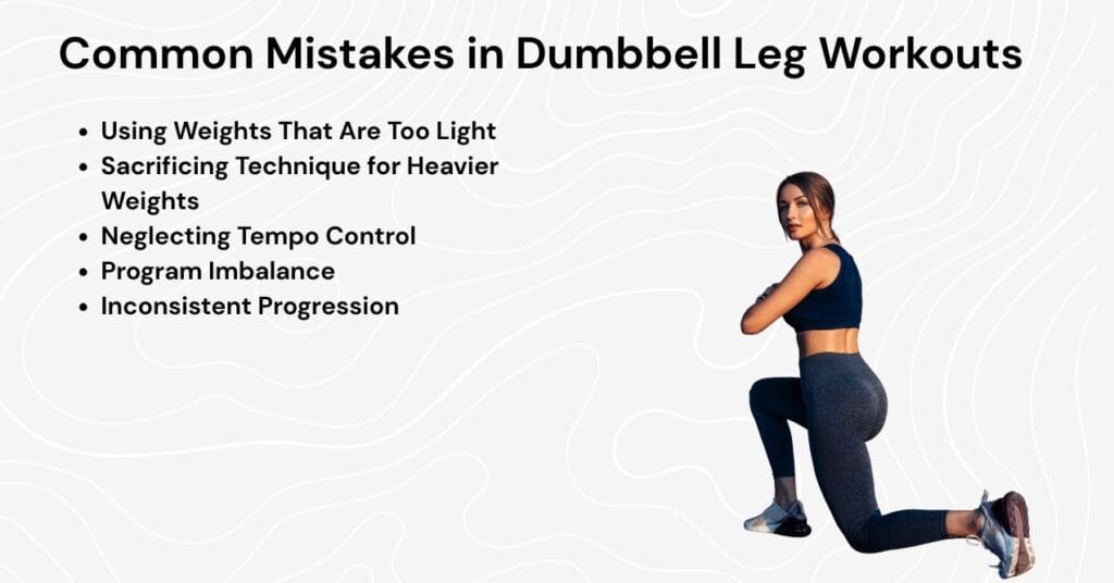 woman doing a dumbbell lunge; text highlights common mistakes in dumbbell leg workouts: using weights that are too light, sacrificing technique for heavier weights, neglecting tempo control, program imbalance, and inconsistent progression.