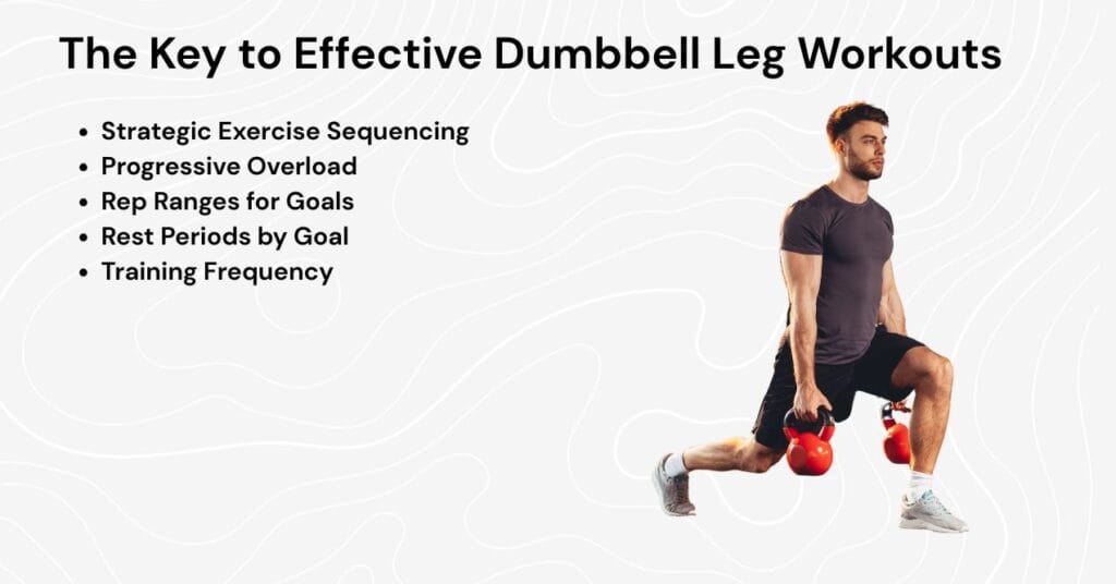 man performing a dumbbell lunge; text lists key elements of effective dumbbell leg workouts: strategic exercise sequencing, progressive overload, rep ranges for goals, rest periods by goal, and training frequency.