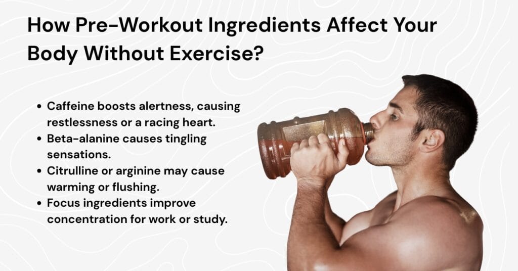 a graphic highlighting how pre-workout ingredients affect the body without exercise, including caffeine, beta-alanine, citrulline, and focus ingredients.