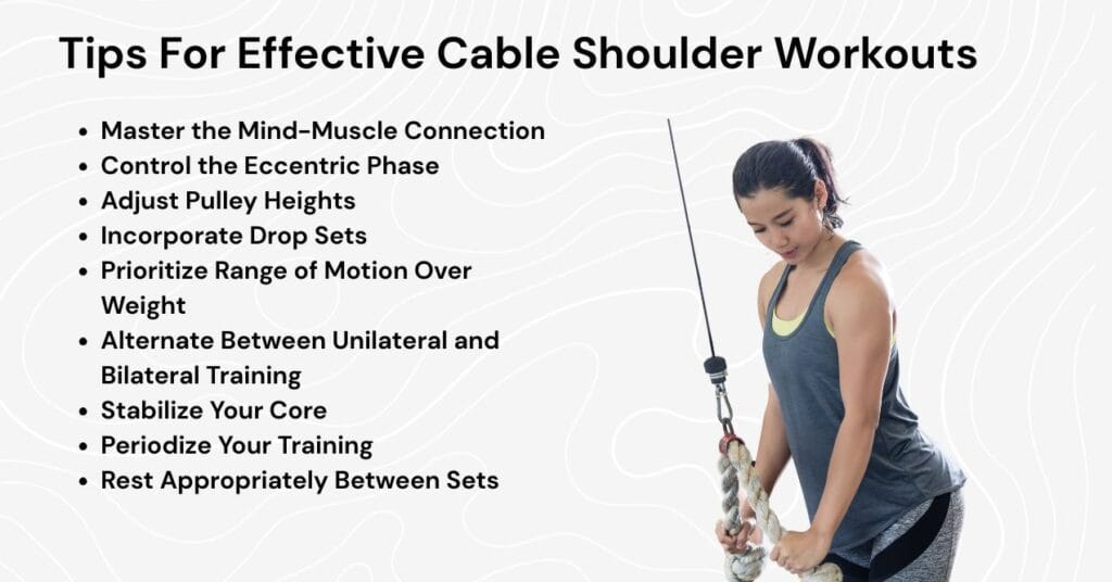 this illustration shows tips for effective cable shoulder workouts, listing recommendations such as Master the Mind-Muscle Connection, Control the Eccentric Phase, Adjust Pulley Heights, and others. The image features a person performing a cable shoulder exercise.