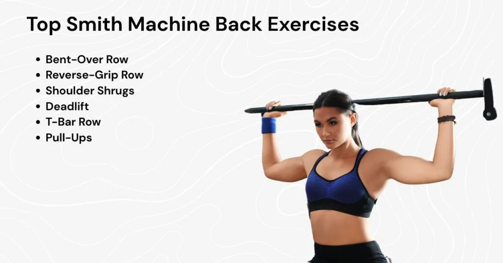 illustration showing the top 6 Smith machine back exercises for a stronger, more defined back, including Bent-Over Row, Reverse-Grip Row, Shoulder Shrugs, Deadlift, T-Bar Row, and Pull-Ups.