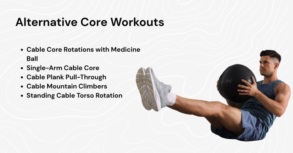 Five alternative core workouts featuring cable exercises: rotations, planks, mountain climbers, and torso rotations.