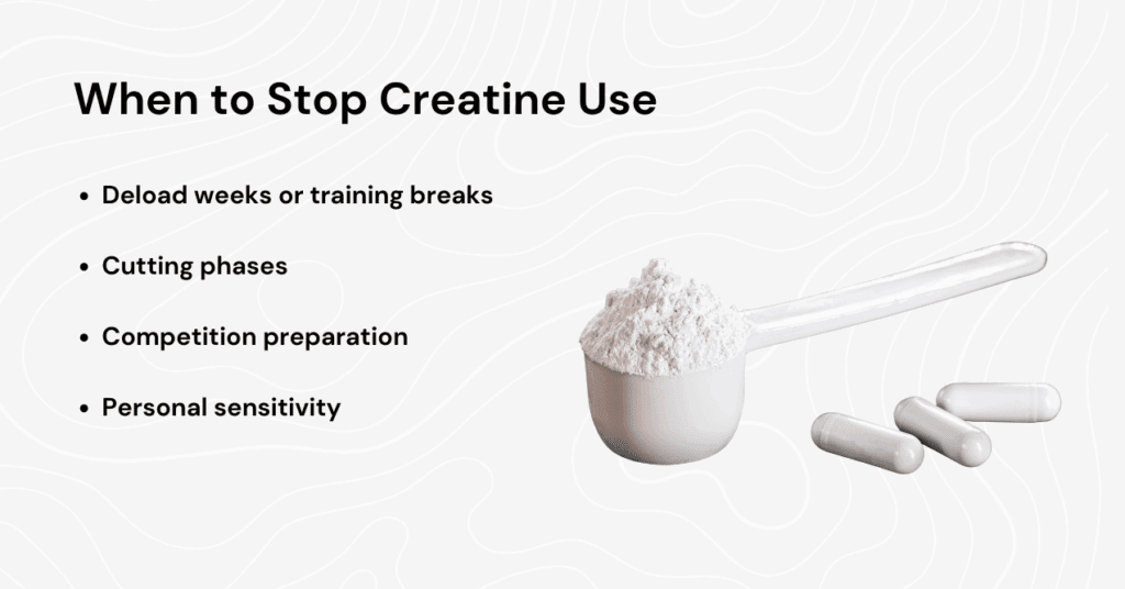 Image illustrating key signs and guidelines for when to stop using creatine supplements, including during deload weeks, cutting phases, competition preparation, and personal sensitivity.