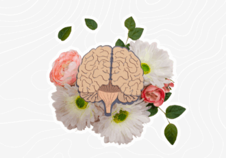 brain and flowers in the background