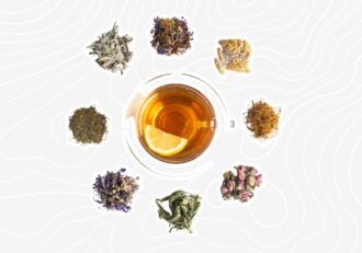 8 teas in a circle around a glass cup of tea from the above cut off on the grey custom background